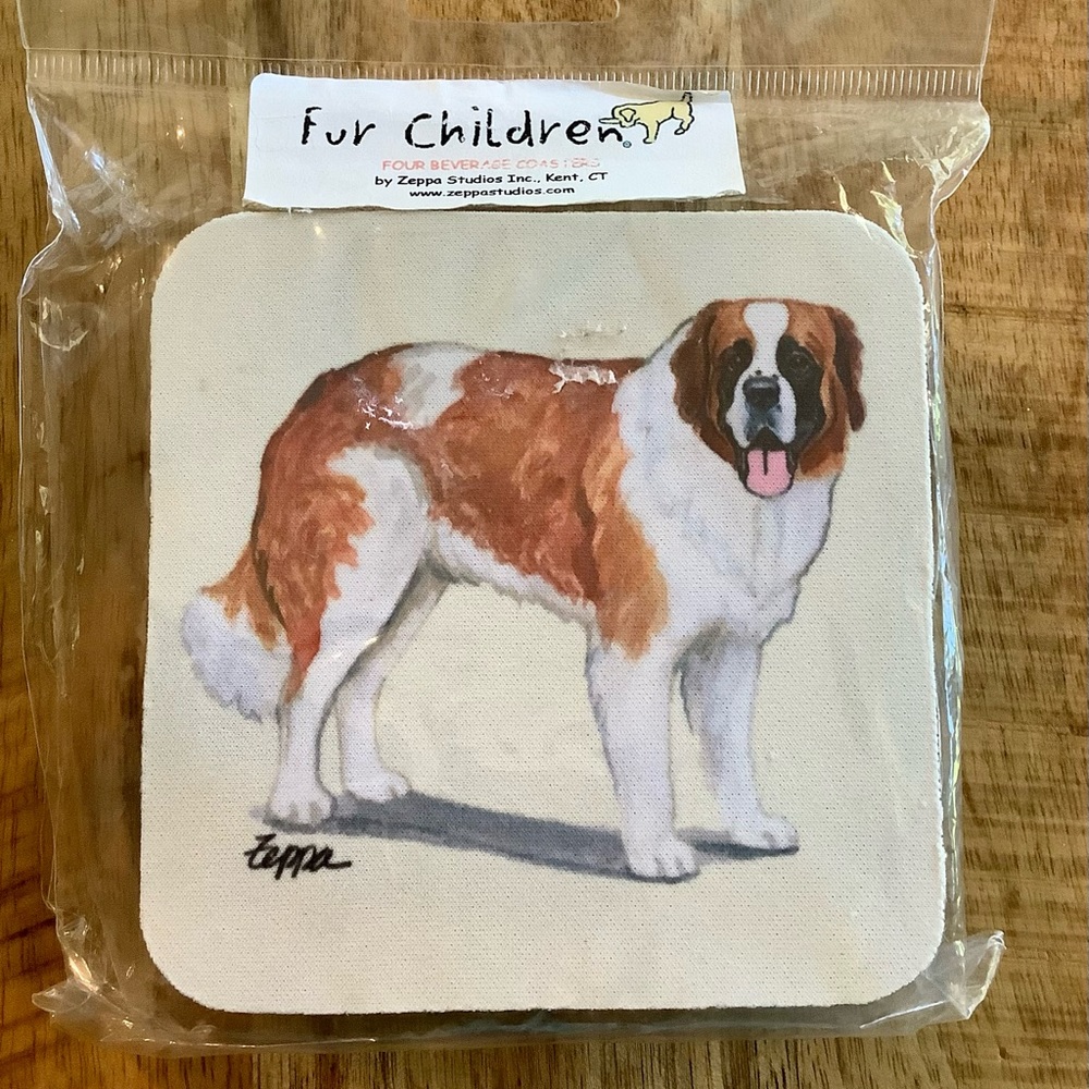 St Bernard Fur Children Coaster Set of 4 Signed Poly/Rubber